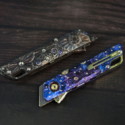 Hand-carved Raven: Titanium Utility Folding knife