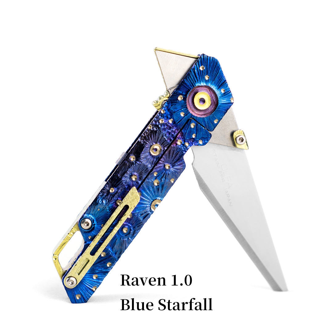 Hand-carved Raven: Titanium Utility Folding knife