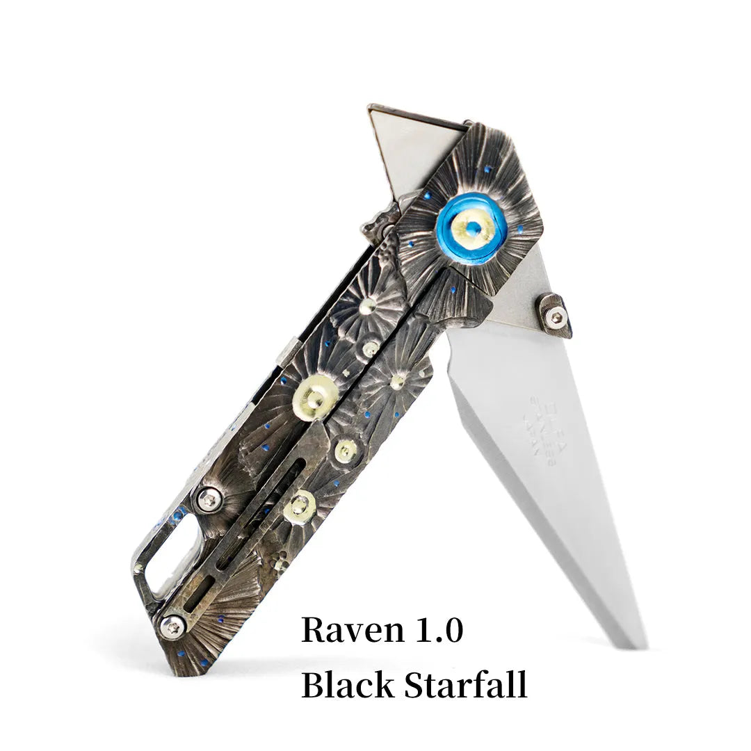 Hand-carved Raven: Titanium Utility Folding knife