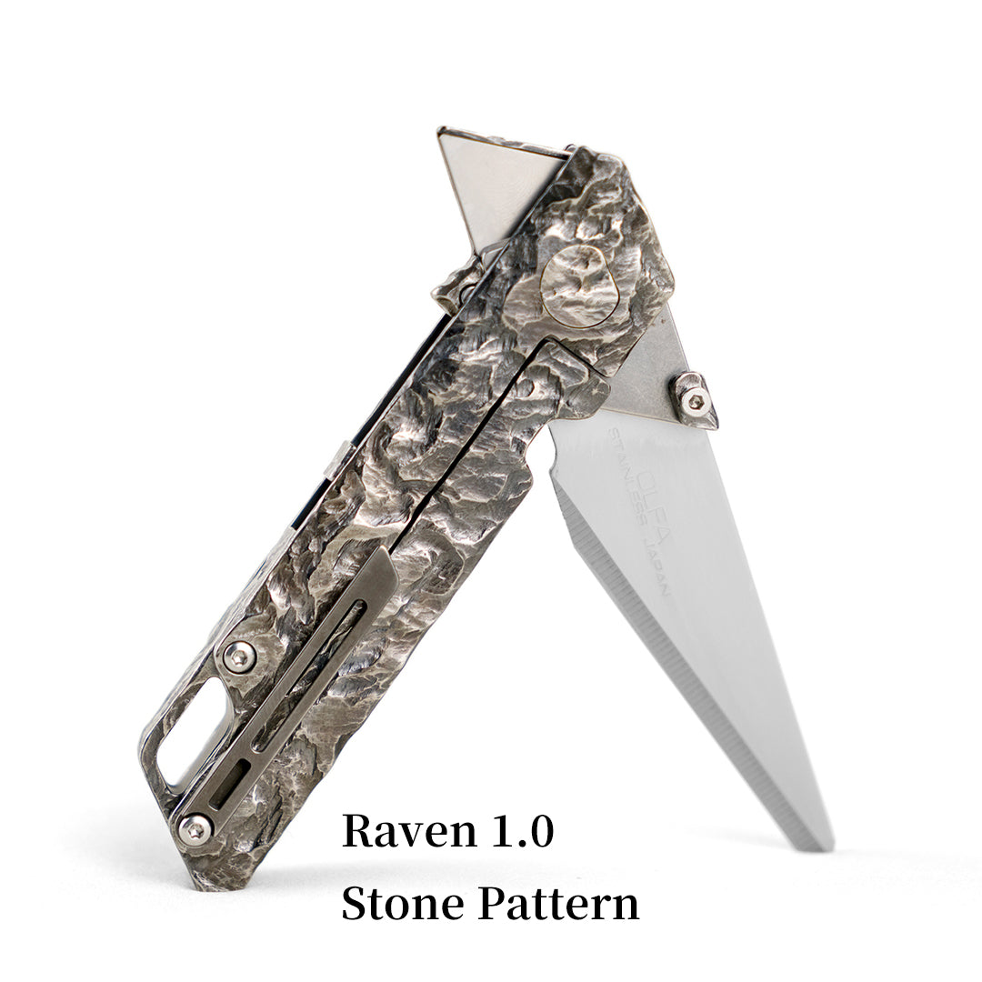 Hand-carved Raven: Titanium Utility Folding knife